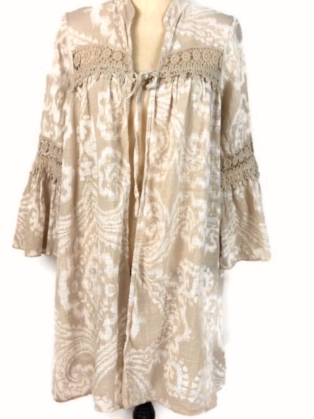 Kaktus Beige and White Printed Boho Kimono with Crochet Trim